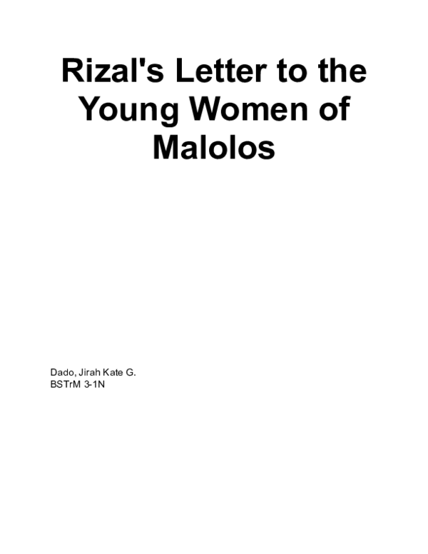 Letter To The Young Lady Of Malolos Summary (DOC) Rizal's Letter to the Young Women of Malolos