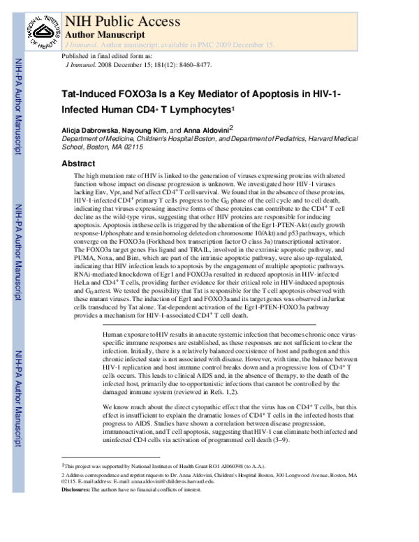 (PDF) Tat-induced FOXO3a is a key mediator of apoptosis in HIV-1 ...