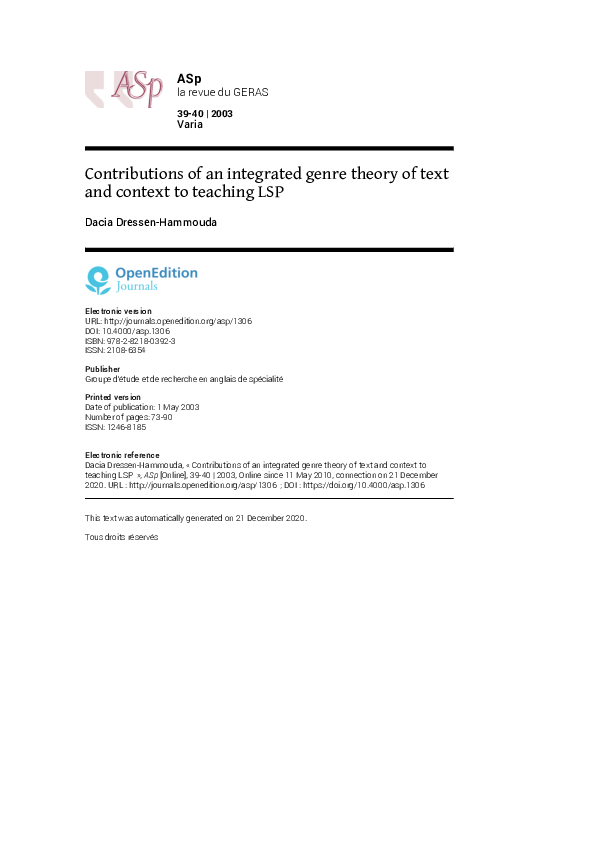 (PDF) Contributions of an integrated genre theory of text and context ...