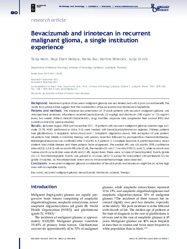 (PDF) Bevacizumab and irinotecan in recurrent malignant glioma, a ...