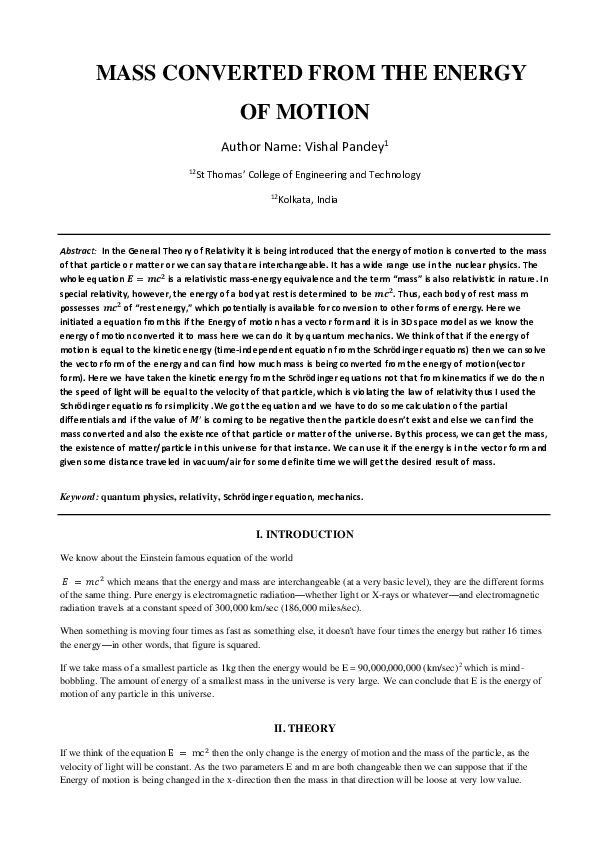 (PDF) MASS CONVERTED FROM THE ENERGY OF MOTION