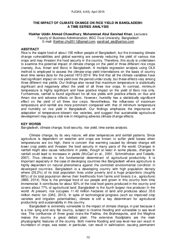 (PDF) The impact of climate change on rice yield in Bangladesh: a time ...