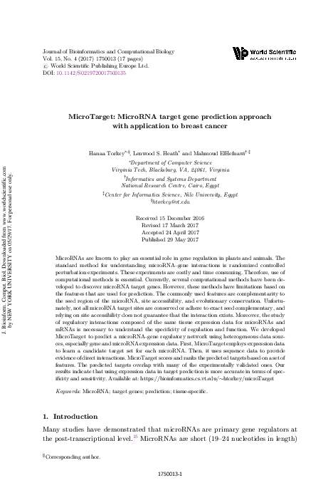 (PDF) MicroTarget: MicroRNA target gene prediction approach with ...