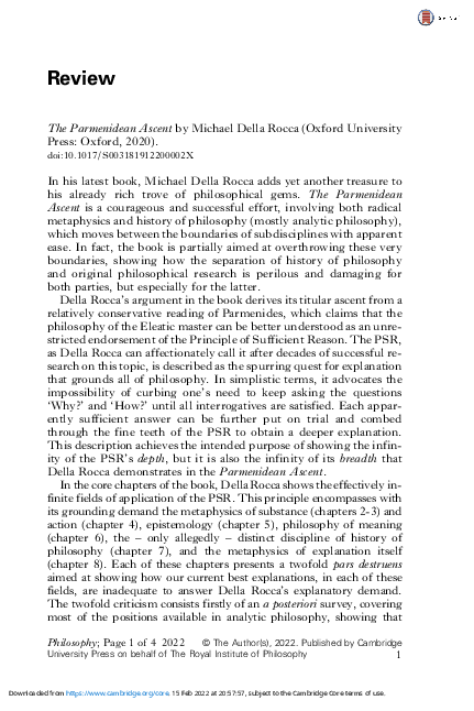 (PDF) Review of The Parmenidean Ascent by Michael Della Rocca