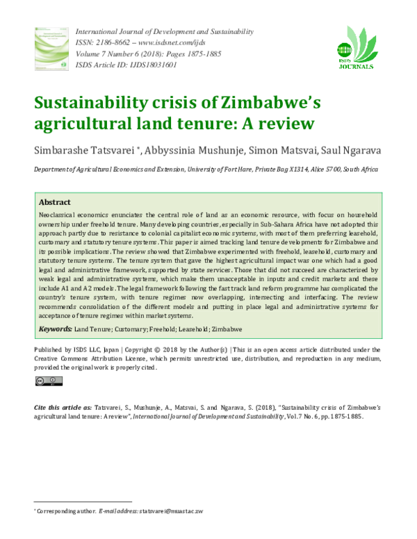 PDF) Sustainability crisis of Zimbabwe ' s agricultural land