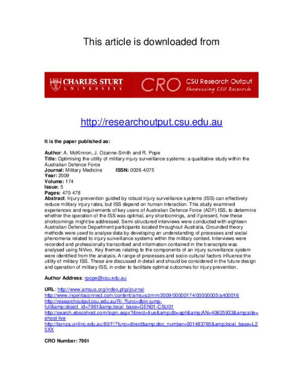 (PDF) Optimising the utility of Military Injury Surveillance Systems: A ...