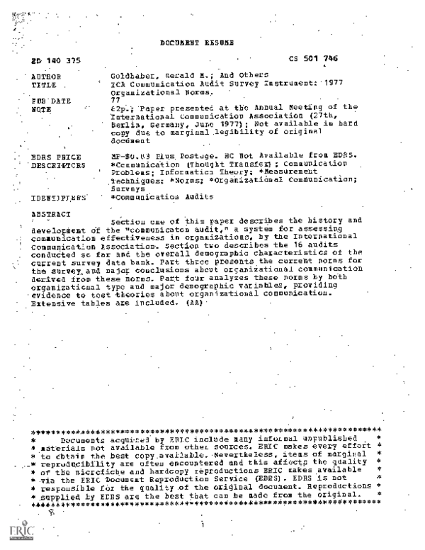 (PDF) ICA Communication Audit Survey Instrument: 1977 Organizational Norms