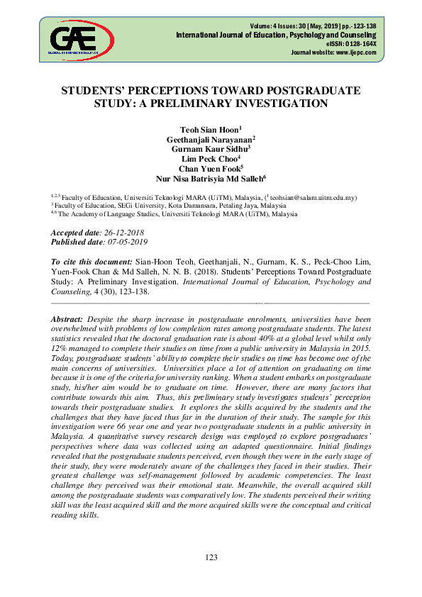 (PDF) Students ’ Perceptions Toward Postgraduate Study : A Preliminary ...