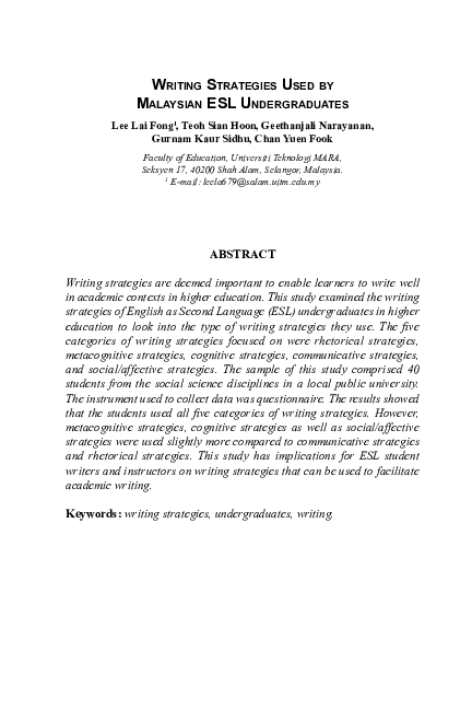 (PDF) Writing strategies used by Malaysian ESL undergraduates / Lee Lai ...