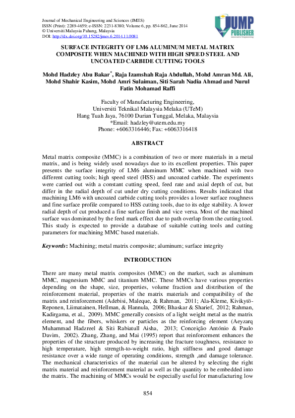 (PDF) SURFACE INTEGRITY OF LM6 ALUMINUM METAL MATRIX COMPOSITE WHEN ...
