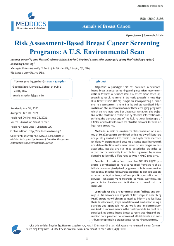 (PDF) Risk Assessment-Based Breast Cancer Screening Programs: A US ...