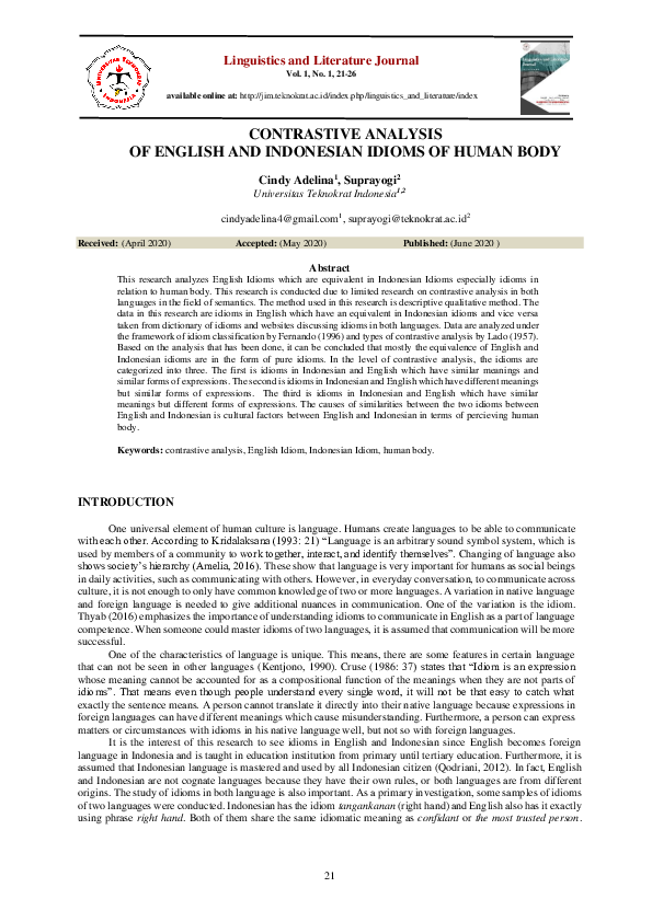 (PDF) Contrastive Analysis of English and Indonesian Idioms of Human Body
