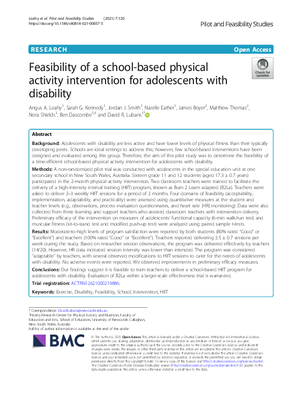 (PDF) Feasibility of a school-based physical activity intervention for ...