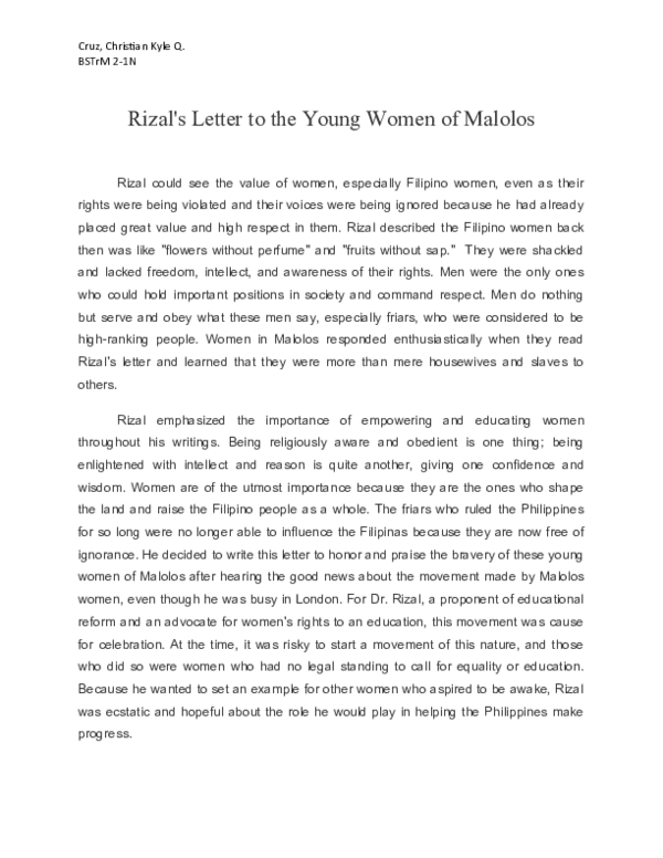 Letter To The Young Lady Of Malolos Summary (DOC) Rizal's Letter to the Young Women of Malolos by Christian Kyle