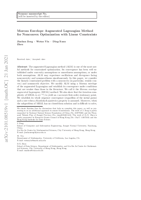 (PDF) Moreau Envelope Augmented Lagrangian Method for Nonconvex ...