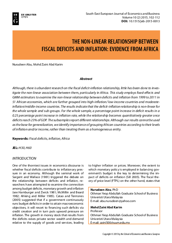 (PDF) The Non-Linear Relationship Between Fiscal Deficits And Inflation ...