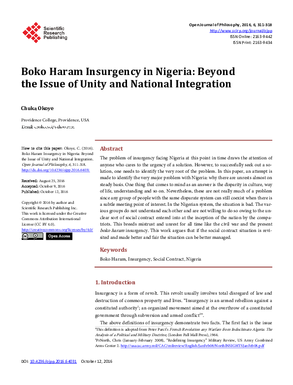 (PDF) Boko Haram Insurgency in Nigeria: Beyond the Issue of Unity and ...