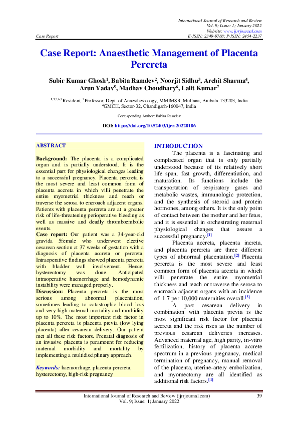 (PDF) Case Report Anaesthetic Management of Placenta Percreta