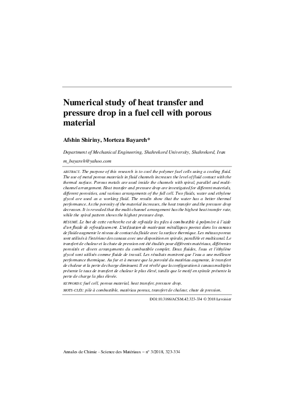 (PDF) Numerical study of heat transfer and pressure drop in a fuel cell ...