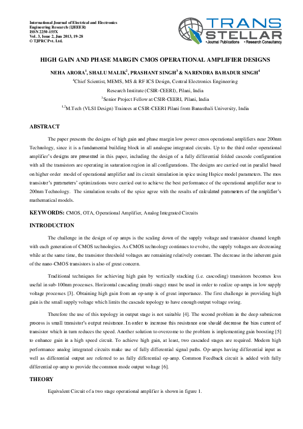 (PDF) High Gain and Phase Margin Cmos Operational Amplifier Designs