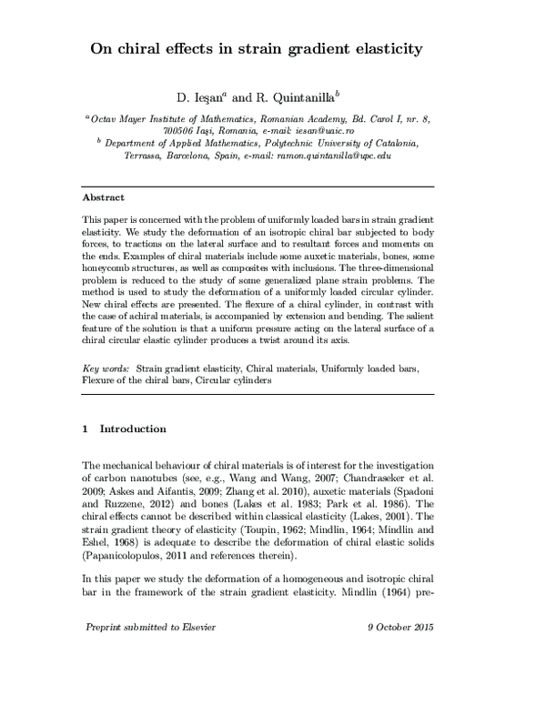 (PDF) On chiral effects in strain gradient elasticity