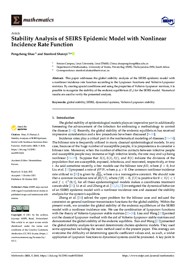 (PDF) Stability Analysis of SEIRS Epidemic Model with Nonlinear ...