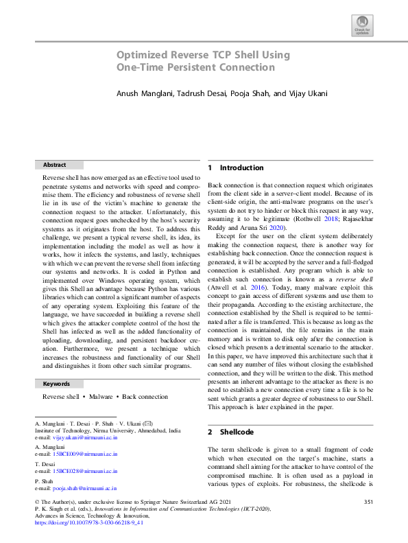 (PDF) Optimized Reverse TCP Shell Using One-Time Persistent Connection