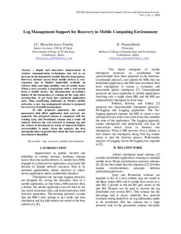 (PDF) Log Management support for recovery in mobile computing Environment
