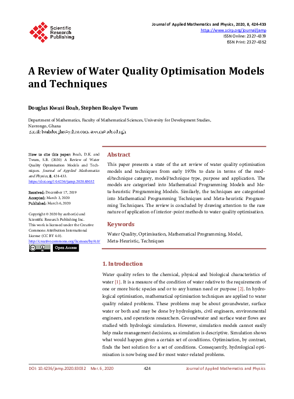 (PDF) A Review of Water Quality Optimisation Models and Techniques