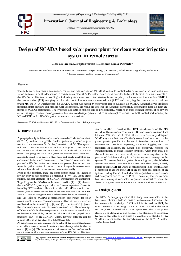 (PDF) Design of SCADA based solar power plant for clean water ...