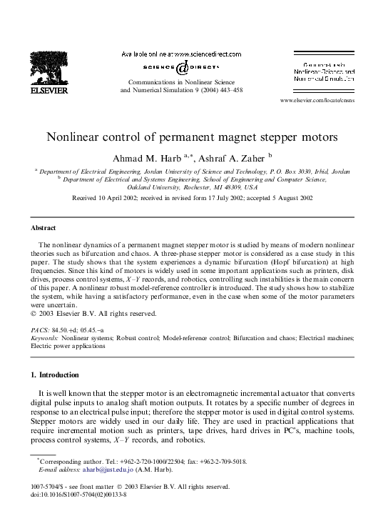 (PDF) Nonlinear control of permanent magnet stepper motors