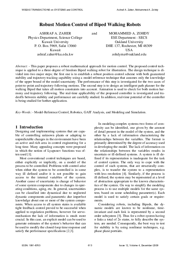 (PDF) Robust motion control of Biped walking robots