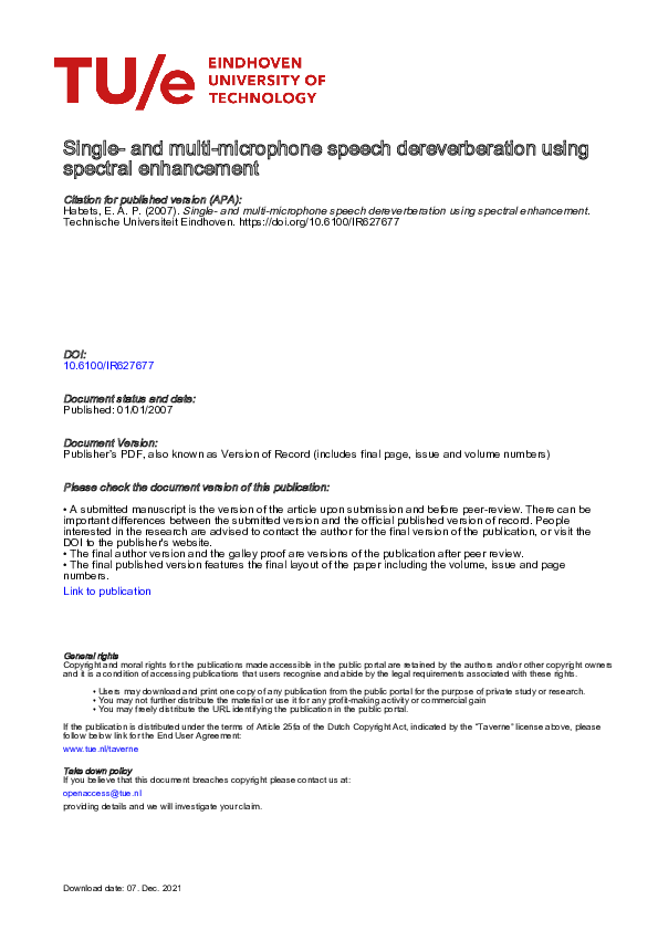 (PDF) Single- and multi-microphone speech dereverberation using ...