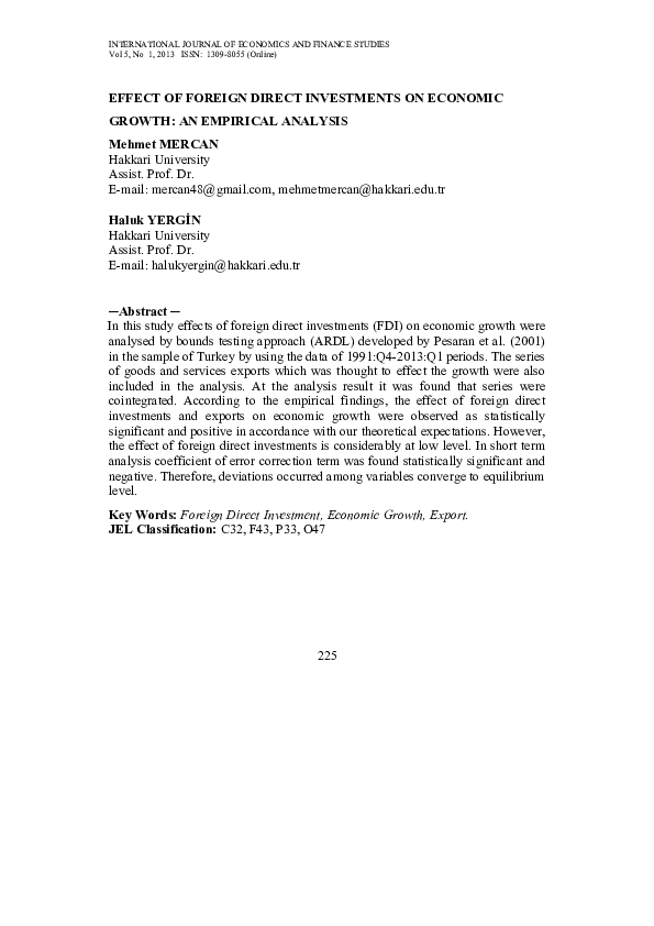 (PDF) Effect of Foreign Direct Investments on Economic Growth: An ...