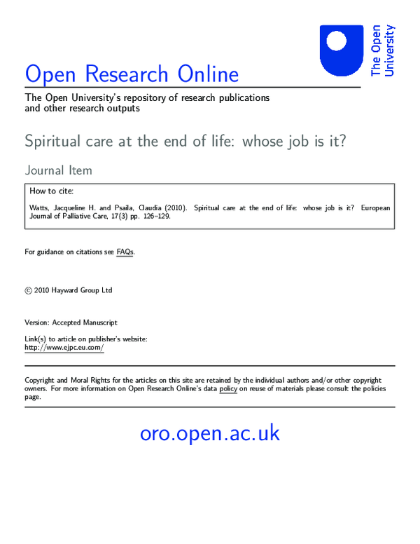 (PDF) Spiritual care at the end of life: whose job is it?