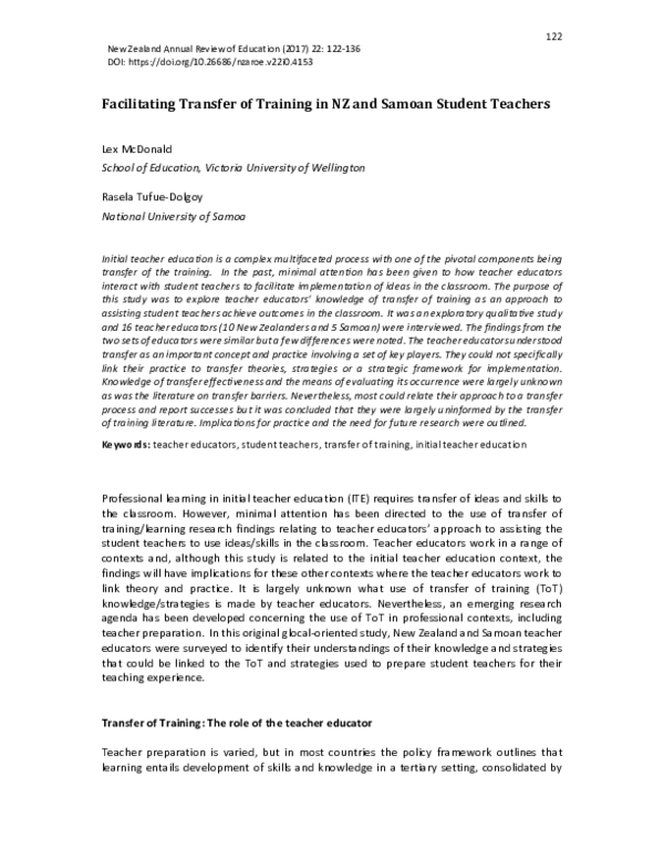 (PDF) Facilitating Transfer of Training in NZ and Samoan Student Teachers