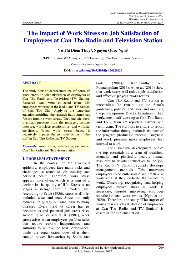 (PDF) The Impact of Work Stress on Job Satisfaction of Employees at Can ...
