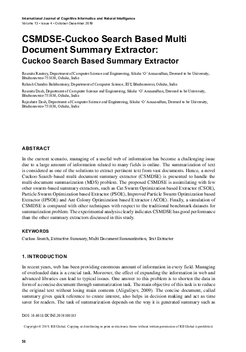 (PDF) CSMDSE-Cuckoo Search Based Multi Document Summary Extractor