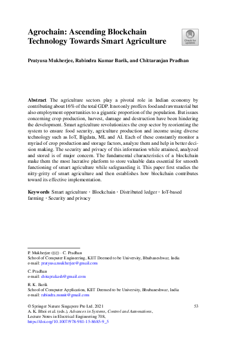 (PDF) Agrochain: Ascending Blockchain Technology Towards Smart Agriculture