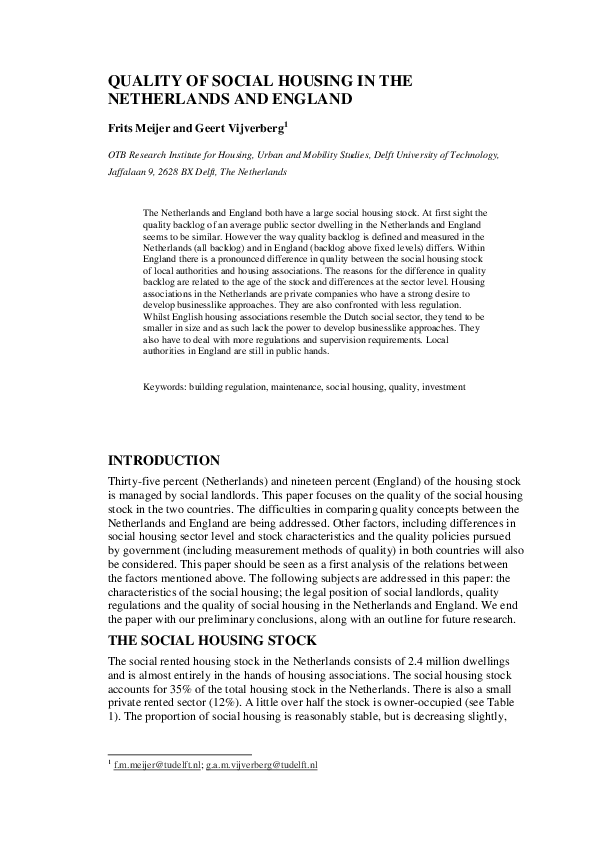 (PDF) Quality of social housing in the Netherlands and England