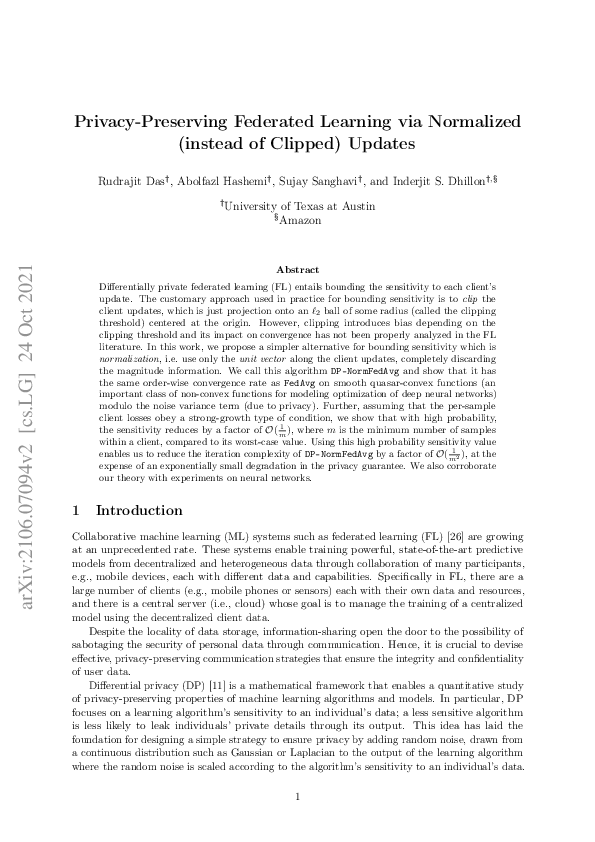 (PDF) Privacy-Preserving Federated Learning via Normalized (instead of ...