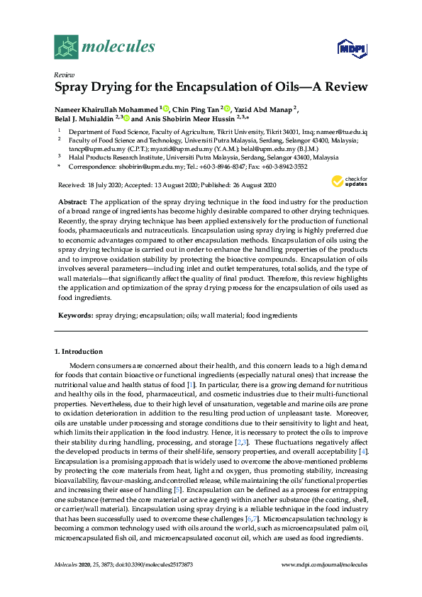 (PDF) Spray Drying for the Encapsulation of Oils—A Review Nameer