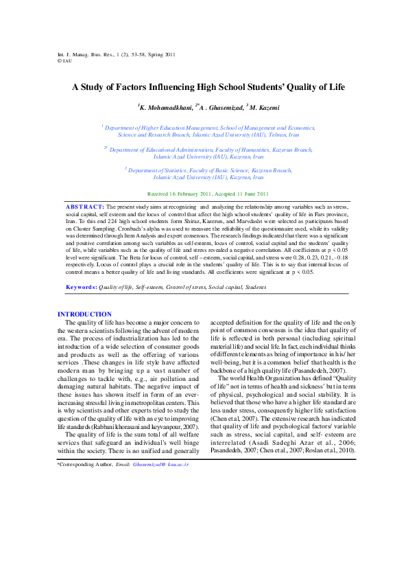 (PDF) A Study of Factors Influencing High School Students Quality of Life