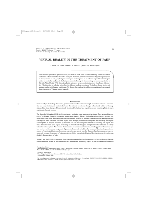 (PDF) Virtual reality in the treatment of pain