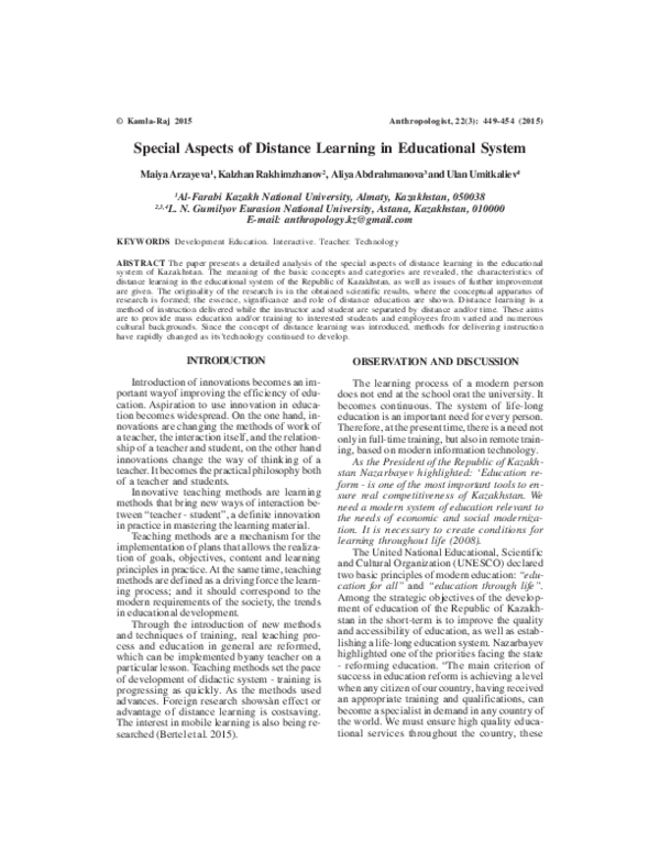 (PDF) Special Aspects of Distance Learning in Educational System
