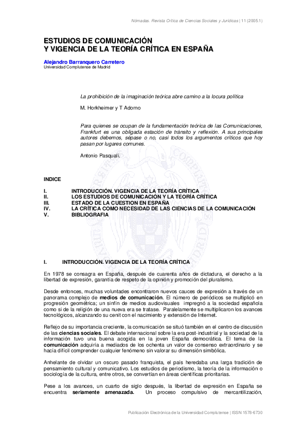  PDF Los Estudios De Comunicaci N Y La Teor A Cr Tica Alejandro 