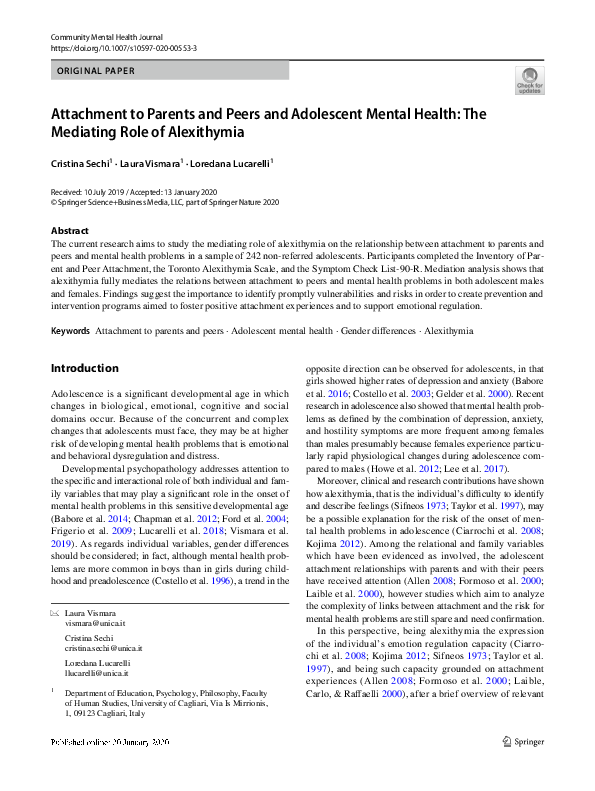(PDF) Attachment to Parents and Peers and Adolescent Mental Health: The ...
