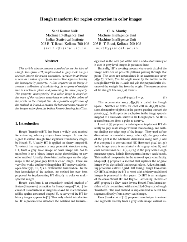 (PDF) Hough Transform for Region Extraction in Color Images