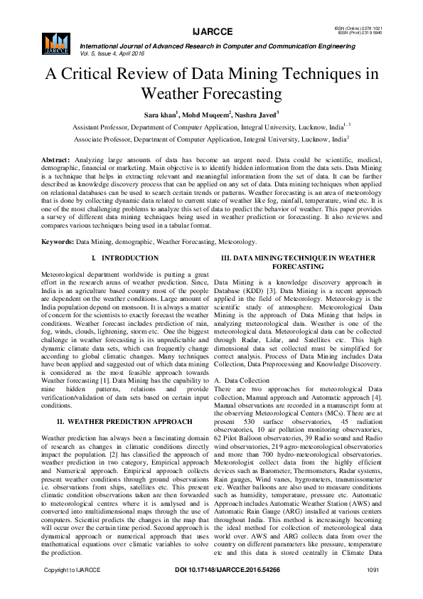 (PDF) A Critical Review of Data Mining Techniques in Weather Forecasting
