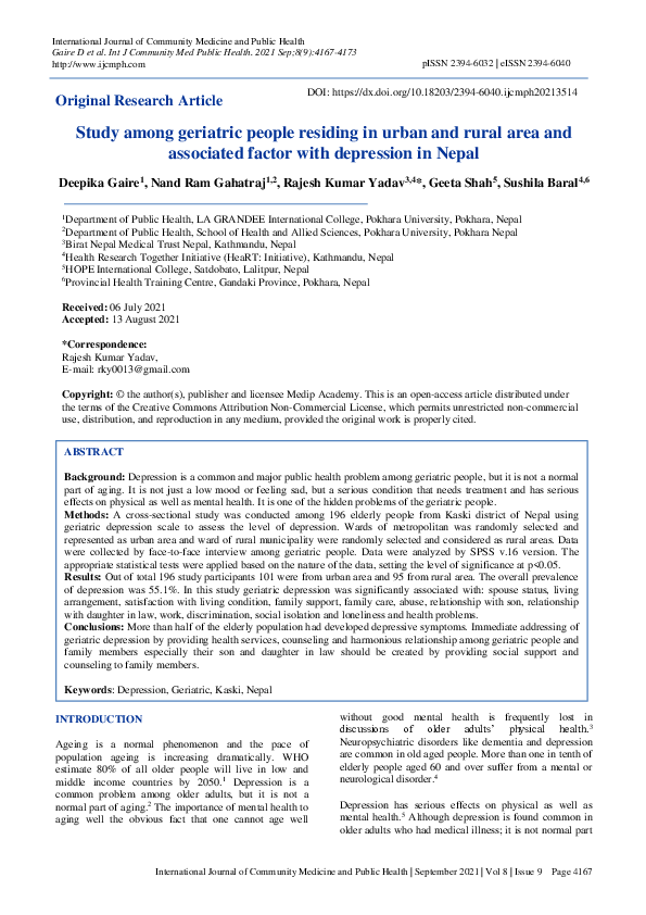 (PDF) Study among geriatric people residing in urban and rural area and ...